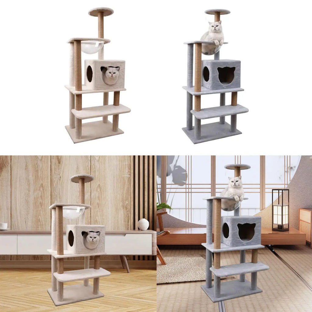 Torre rascador para gatos en ambiente, variantes beige y gris
