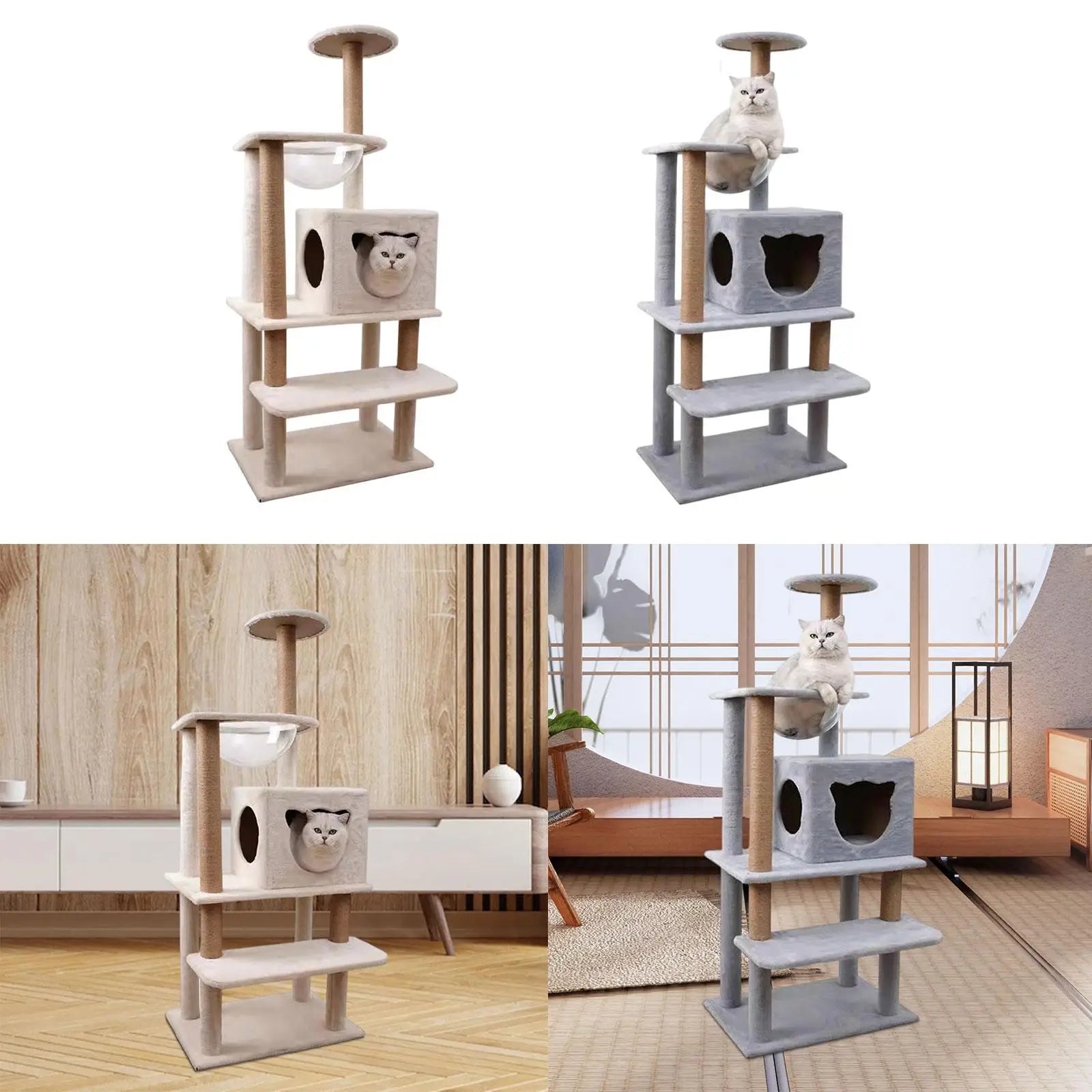 Torre rascador para gatos en ambiente, variantes beige y gris