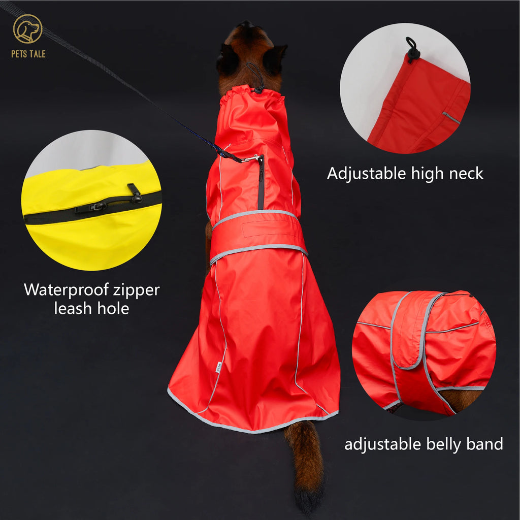 Detalle de impermeable rojo con cuello alto ajustable y banda reflectante