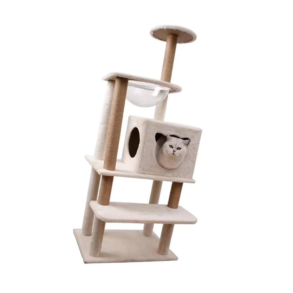 Rascador torre multinivel beige con postes de sisal y cueva
